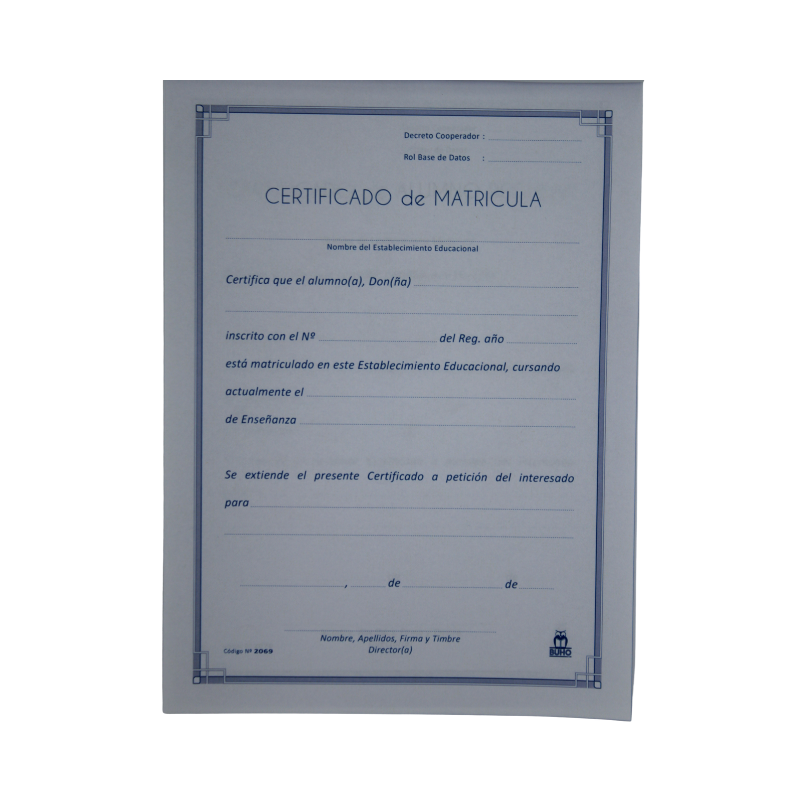 Certificado de Matrícula block de 50 hojas