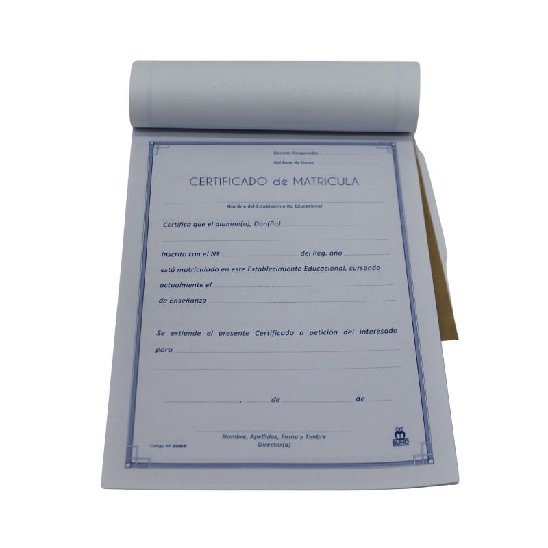 Certificado de Matrícula block de 50 hojas