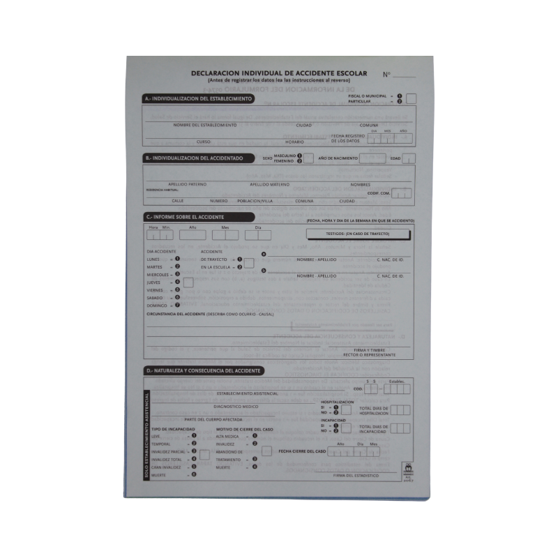 CERTIFICADO DE ACCIDENTE ESCOLAR QUINTUPLICADO