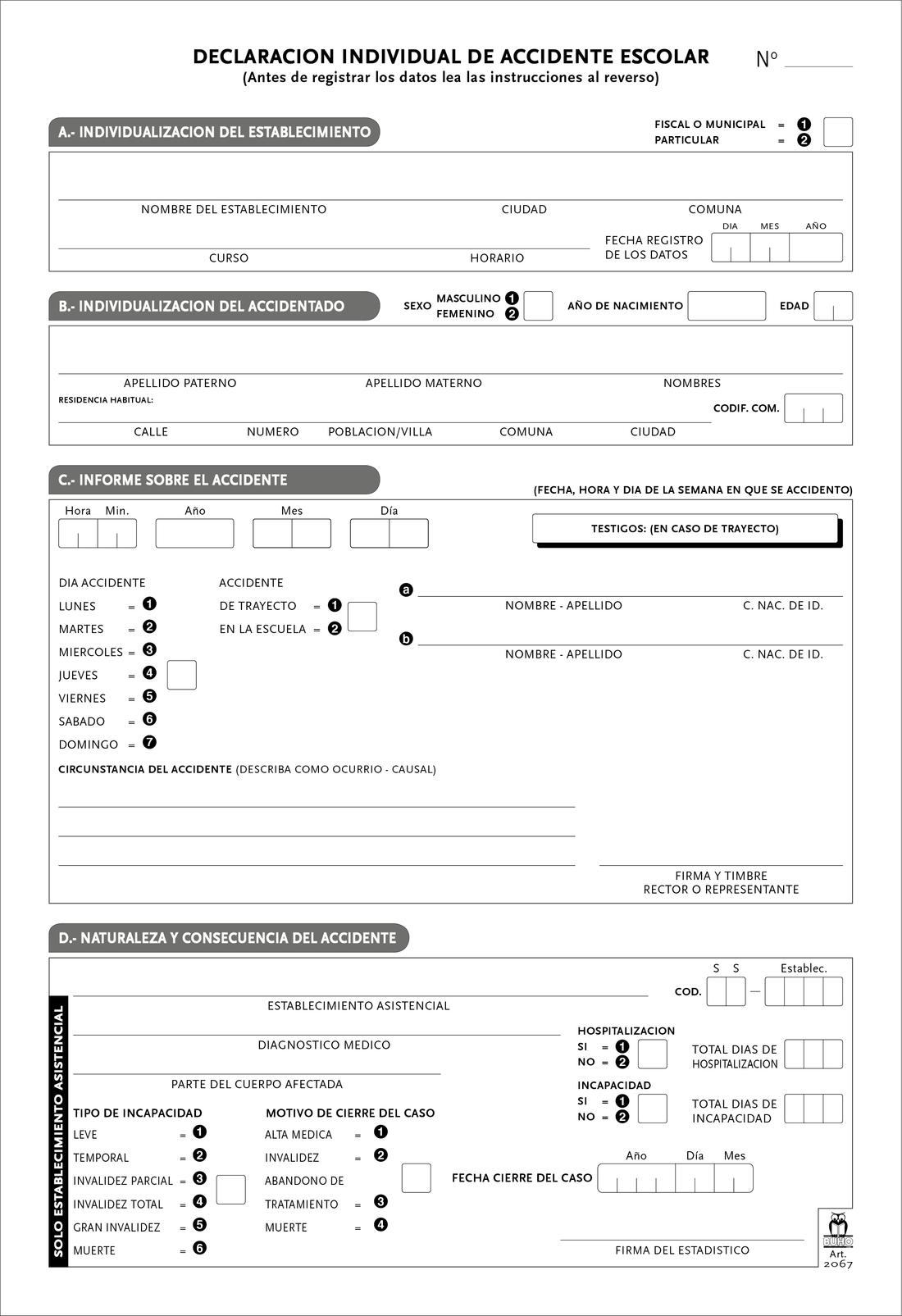 CERTIFICADO DE ACCIDENTE ESCOLAR QUINTUPLICADO
