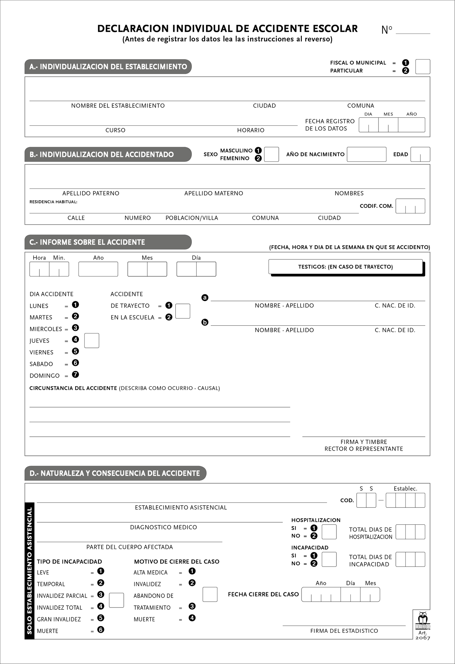 CERTIFICADO DE ACCIDENTE ESCOLAR QUINTUPLICADO